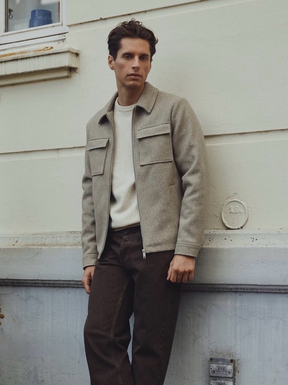 H&M Men's Taupe Zip-Up Wool-Blend Shirt Jacket